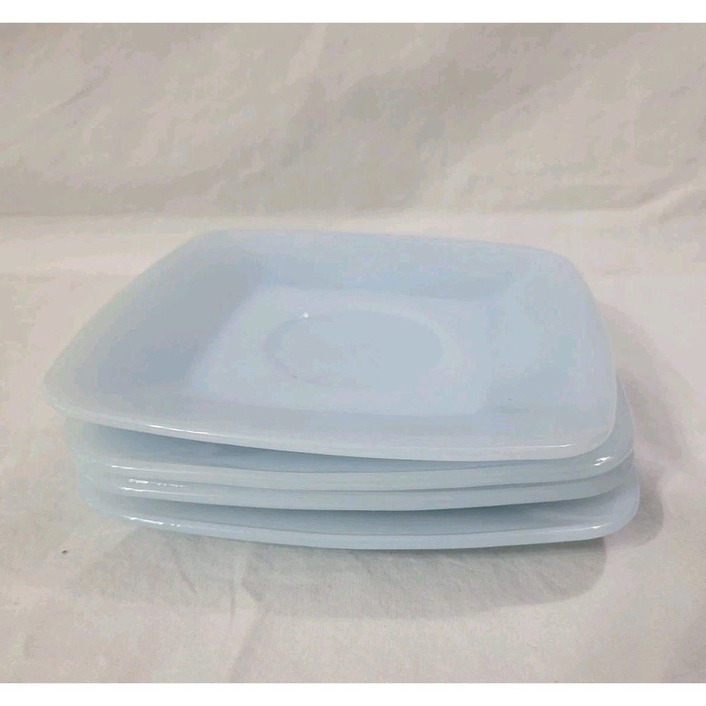 Fire-King Azur-ite Charm Square Saucers Light Blue Milk Glass Set of 4 Vintage